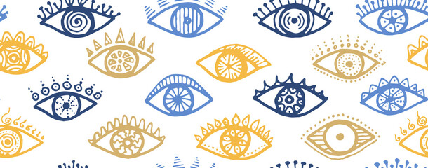 Different human eyes colorful repeatable ornament. Pop art graphic style illustration. Makeup packaging vector design. Doodle eyes on white background minimal seamless pattern.