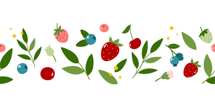 Horizontal seamless pattern. Strawberries, blueberries, cherries on white background