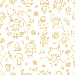 Seamless pattern with cute cartoon mushrooms on  white background. Funny doodle character wallpapers. Childish vector print.