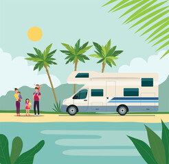 Motorhome with a vacationing family. Vector flat style illustration