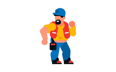 The dancing worker. Smiling, happy builder. Vector illustration isolated on white background