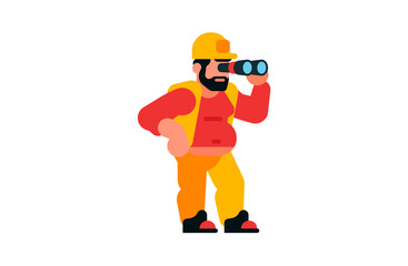 A worker looking through binoculars. Builder and binoculars. Observation, search, spy. Vector illustration isolated on white background