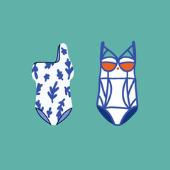 Summer swimwear with a pattern. Illustration of colored beachwear. A collection of beautiful swimwear for a beach party. Vector illustration