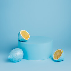 Product podium with blue painted lemons and half slices on ice blue background. Creative summer fruit food concept. Empty mock up for cocktails, lemonade, smoothie or juice bar.