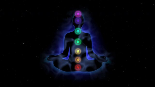 Human Covered with Energy and Aaura in Meditation and Glowing Chakras Concept Illustration Animation on Space Background