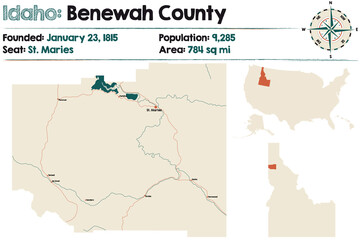 Large and detailed map of Benewah county in Idaho, USA.