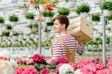 Smiling young man holding empty box in a greenhouse. Happy garden center owner. Smiling young male...