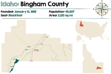 Obraz premium Large and detailed map of Bingham county in Idaho, USA.