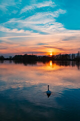 Beautiful sunset with reflections near Plattling, Isar, Bavaria, Germany