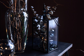 modern beautiful dark interior, room gray color, wardrobe shelves unusual gloomy decor table fabric cloth, dried flowers, vases with water, moss, branches, unusual style, halloween