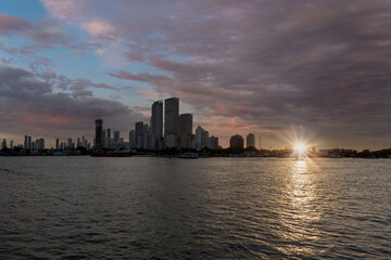 Colombia, scenic Cartagena bay (Bocagrande) and city skyline at sunset.
