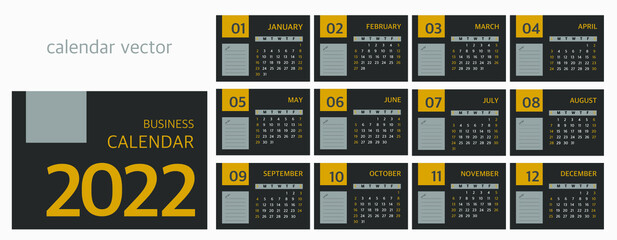 Calendar for 2022 in business style. A set of 12 months. The week starts on Sunday.