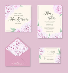 Wedding watercolor floral invitation, thank you, reply, menu, rsvp with gently watercolor flowers peony.