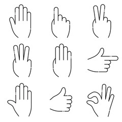 Fototapeta premium Hand gesture icon. A set of line drawings on a white background. Vector image. Includes victory, pointing, stop and pass signals.