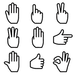 Obraz premium Hand gesture icon. A set of line drawings on a white background. Vector image. Includes victory, pointing, stop and pass signals.