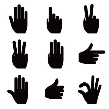 Hand gesture icon. Silhouette on a white background. Vector image. Includes victory, pointing, stop and pass signals.