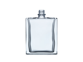 Square-shaped glass empty perfume and cologne bottle, isolated on a white background, close-up