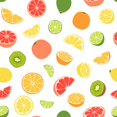 Seamless pattern from fresh citrus vitamin juicy summer fruits. Bright, colorful flat vector illustration for design textiles, clothes, wrapping and wall paper isolated on white background