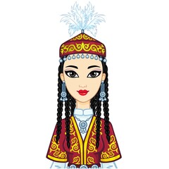 Asian beauty. Animation portrait of a beautiful girl in ancient national cap and jewelry. Central Asia. Vector illustration isolated on a white background. Print, poster, t-shirt, card.