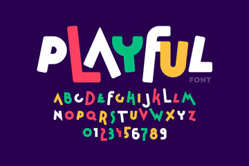 Playful style font design, colorful childish alphabet, letters and numbers vector illustration - obrazy, fototapety, plakaty