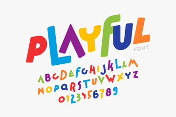Playful style font design, colorful childish alphabet, letters and numbers vector illustration