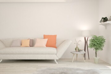 Soft color living room with sofa. Scandinavian interior design. 3D illustration