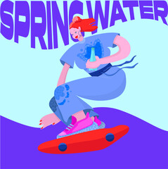 Girl who rides a skateboard with a bottle of water in her hand