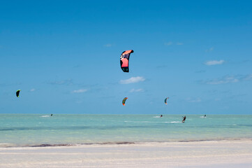 Kite surfing from the tropical beach of Holbox Island in Mexico, during low tide. In the background the Caribbean ocean and the blue sky 