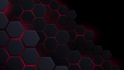 Abstract Futuristic background with hexagons . dark sci-fi hi-tech wallpaper with red lights . - obrazy, fototapety, plakaty
