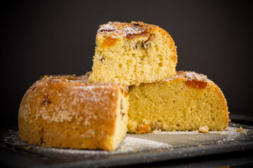 cooked sweet biscuit with dried apricots and nuts inside