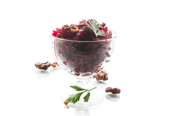 dietary salad of boiled beets with walnuts