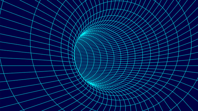 Futuristic funnel. Wireframe space travel tunnel. Abstract blue wormhole with surface warp. Vector illustration.