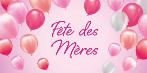 French Happy Mothers day card - Balloons banner - Pink design for celebration