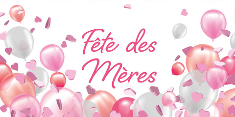 French Happy Mothers day card - Balloons and love hearts banner - Pink design for celebration
