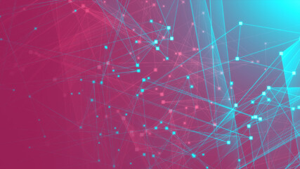 Naklejka na ściany i meble Abstract pink green polygon tech network with connect technology background. Abstract dots and lines texture background. 3d rendering.