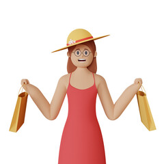 3d rendering female character with shopping bag isolated 