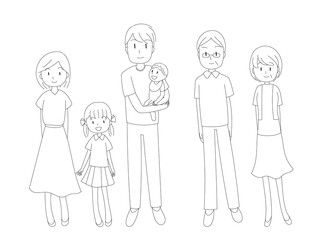 シンプルな笑顔の家族イラスト　線画