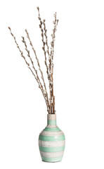 Fototapeta premium Vase with willow branch on white background