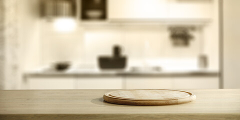 Desk of free space and kitchen interior 