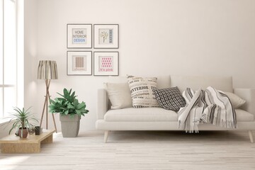 Soft color living room with sofa. Scandinavian interior design. 3D illustration