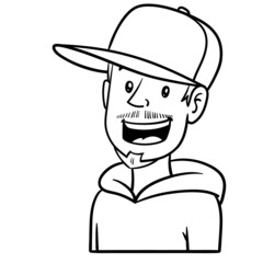 Laughing man with cap. Outline, comic, avatar.