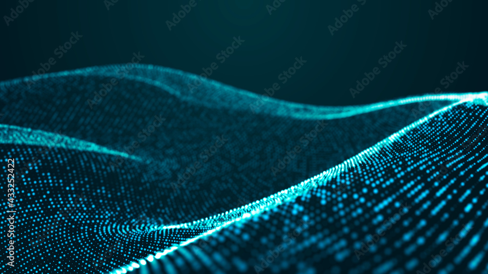 Poster abstract digital background. futuristic wave of dots and weave lines. digital technology. 3d renderi