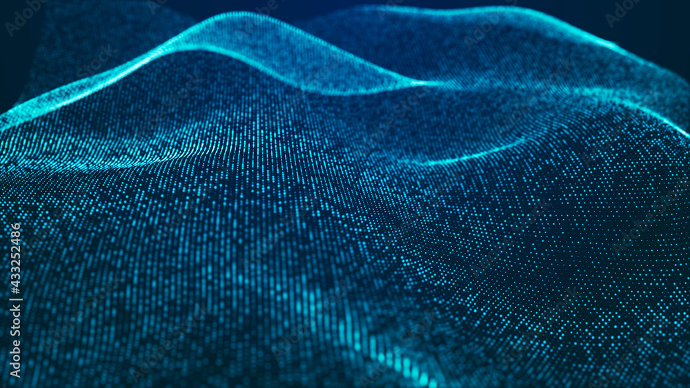 Poster abstract digital background. futuristic wave of dots and weave lines. digital technology. 3d renderi