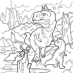 cartoon prehistoric dinosaurs, coloring page, outline illustration