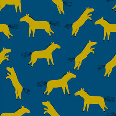 Cute seamless pattern with galloping horses on blue background. Funny vector cartoon background for dresses,textiles, wallpapers, designer paper, etc