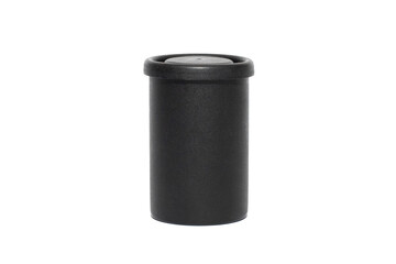 black plastic film roll case on white isolated background