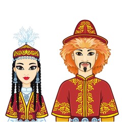 Animation  portrait of  Asian family in a national hat and clothes. Central Asia. Vector illustration isolated on a white background.