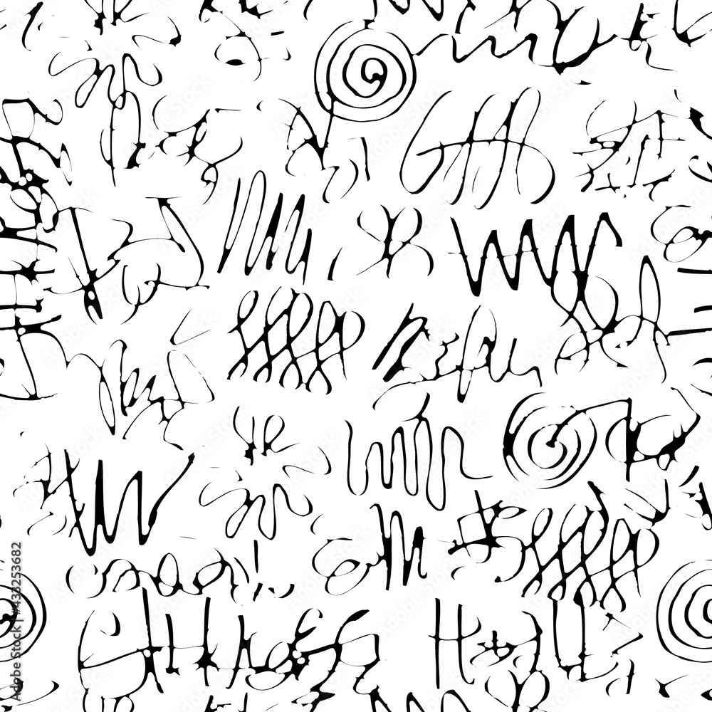 Poster seamless pattern with abstract doodles in a graffiti style. vector hand-drawn texture with black squ