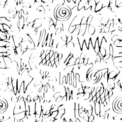 Seamless pattern with abstract doodles in a graffiti style. Vector hand-drawn texture with black squiggles on a white background. Endless background, graphic print , wrapping paper or Wallpaper