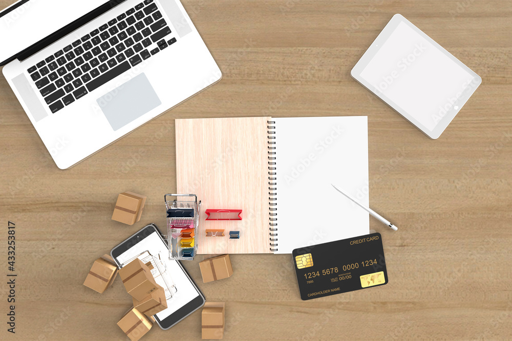 Poster top view desk table wood computer notebook tablet smartphone diary mockup empty pencil shopping onli